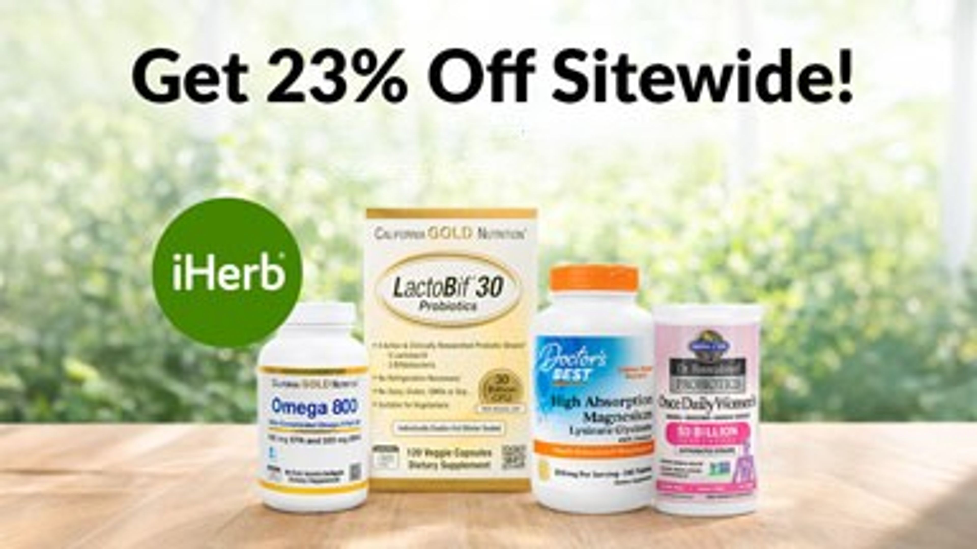 A banner image of iHerb 23% Sitewide deal.