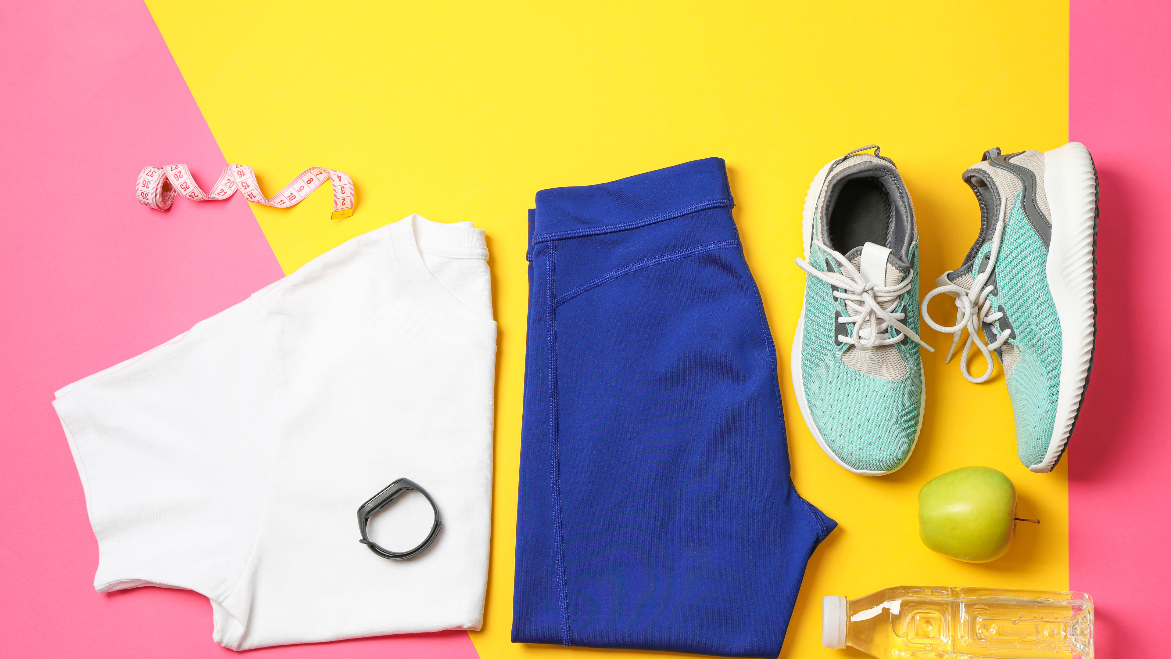 A flat lay photo arrangement of fitness essentials