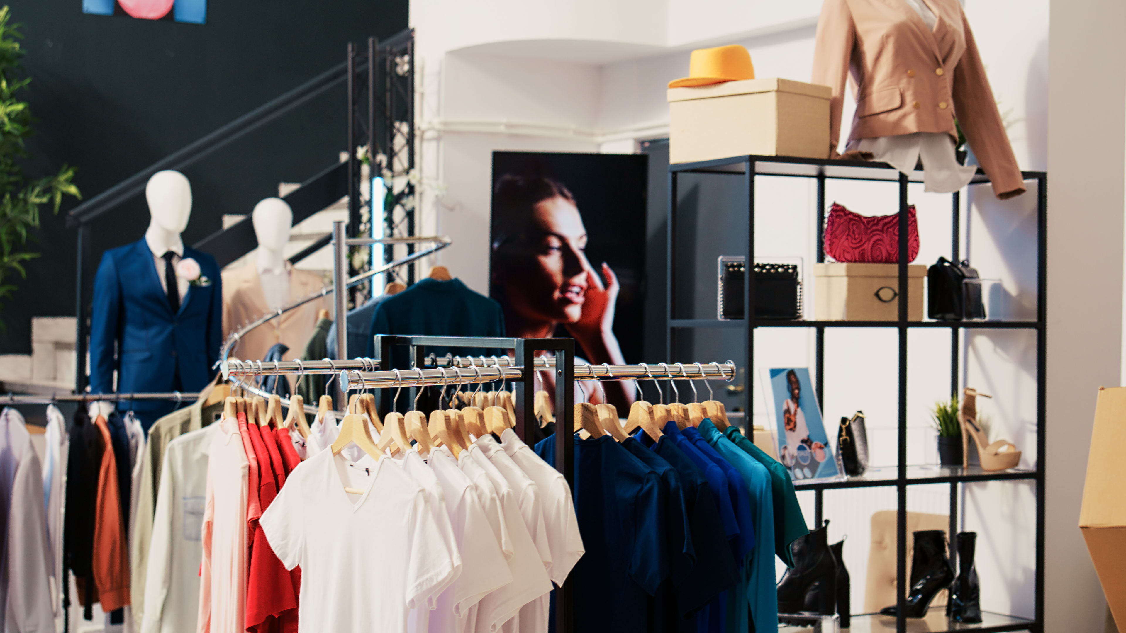Empty shopping centre equipped with casual wear items hanging in fashion store. 
