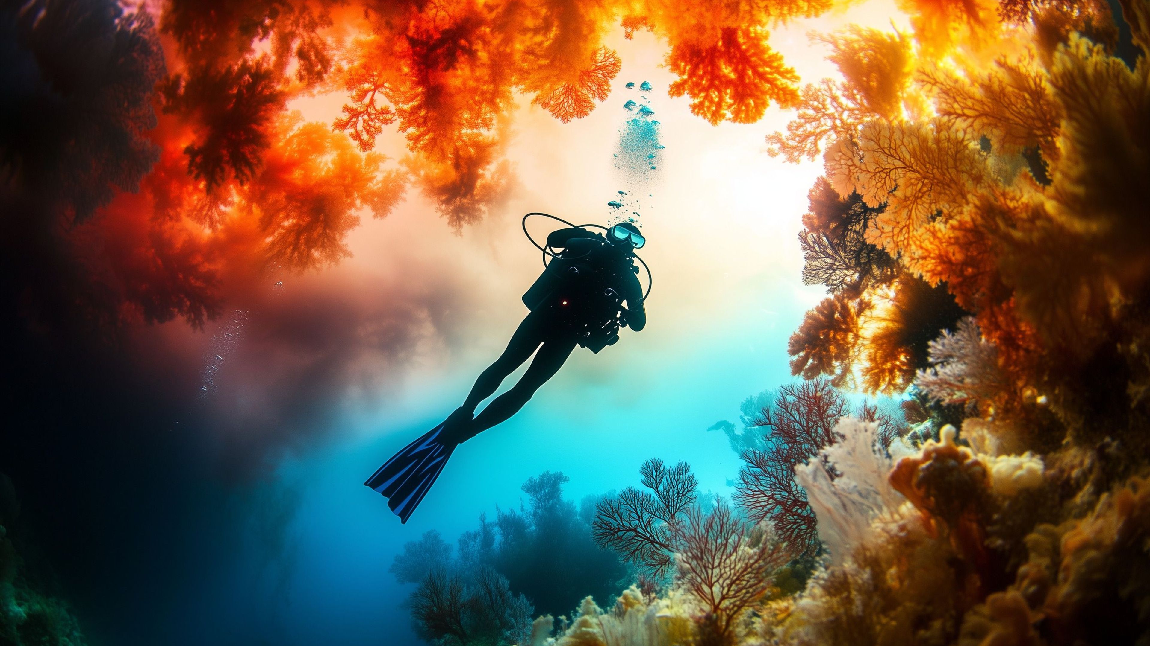 水下水肺潛水員喺充滿活力嘅海洋生物附近嘅圖像 