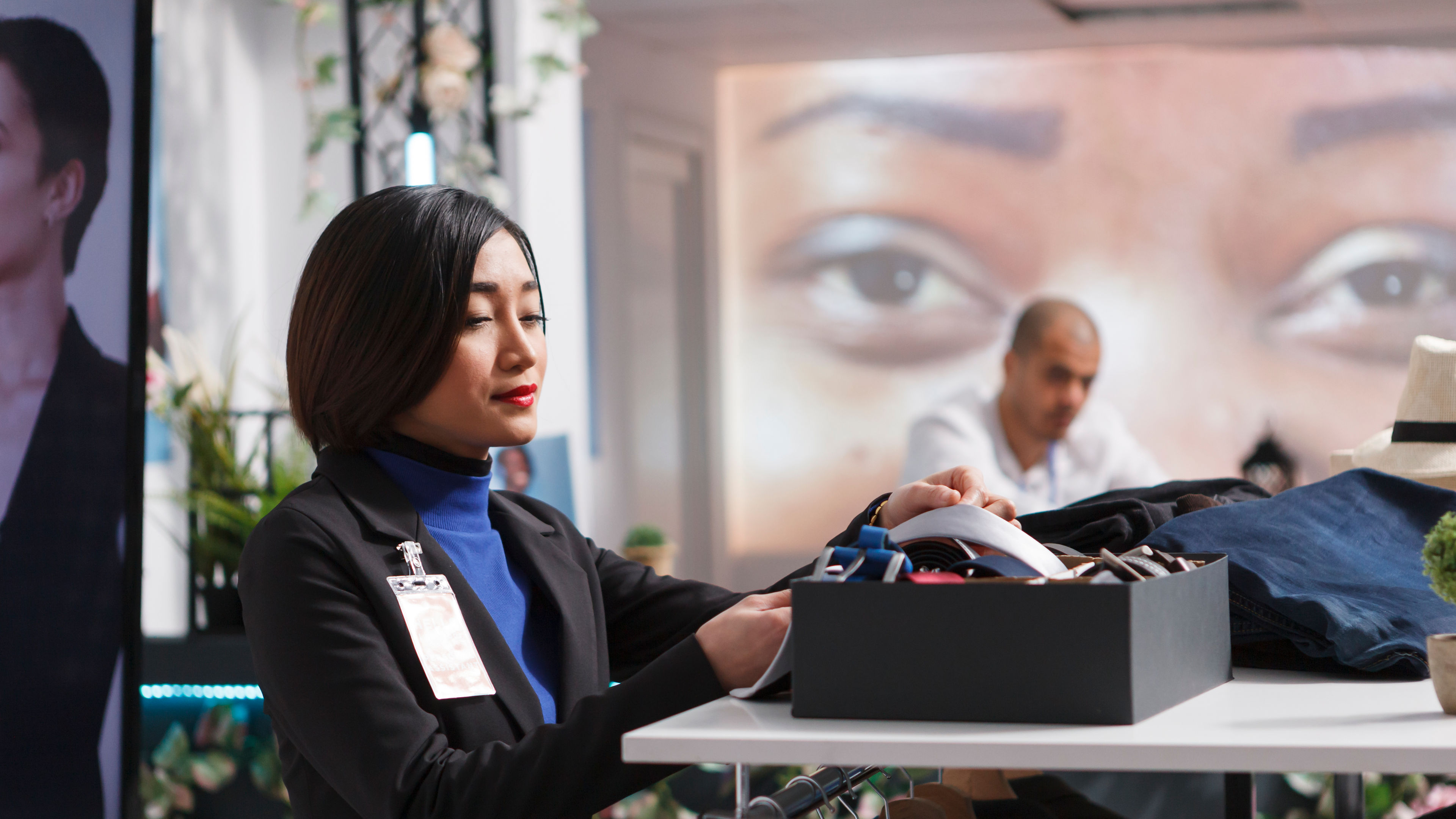 Image of a seller standing next to accessories 