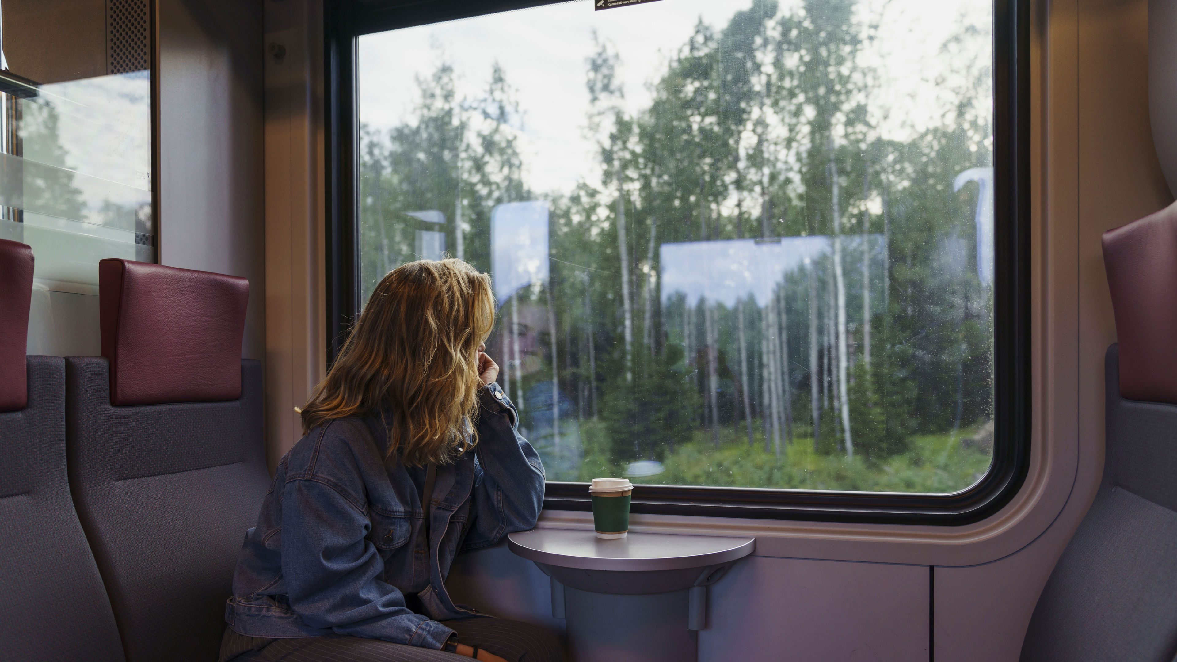 Woman traveling by train looking out of window
